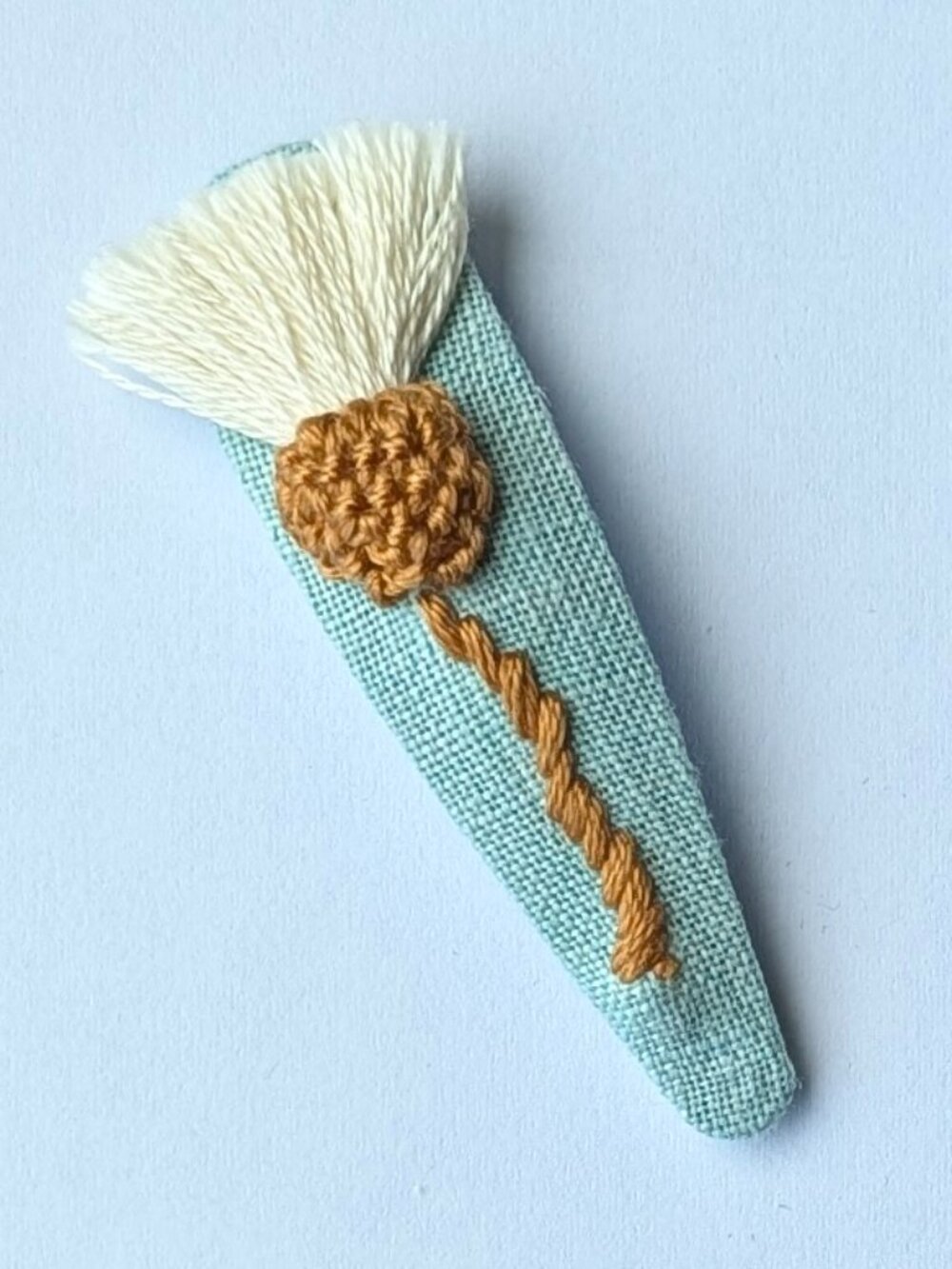 New Cream Thistle on Blue hand embroidered linen cotton handmade hair clip